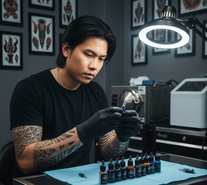 Seorang seniman tato profesional yang mengenakan sarung tangan hitam sedang menyiapkan jarum steril di studio yang bersih dan terorganisir dengan baik.